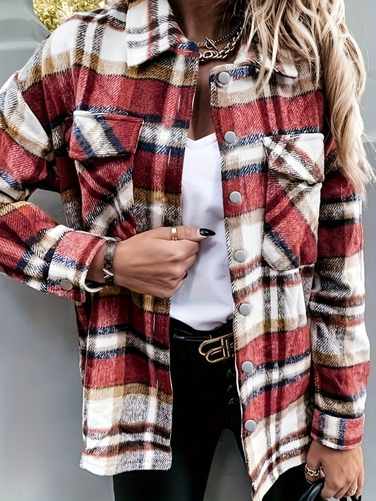 dunnmall  Plaid Pattern Polo Collar Button Front Jacket, Casual Long Sleeve Outerwear For Fall & Winter, Women's Clothing