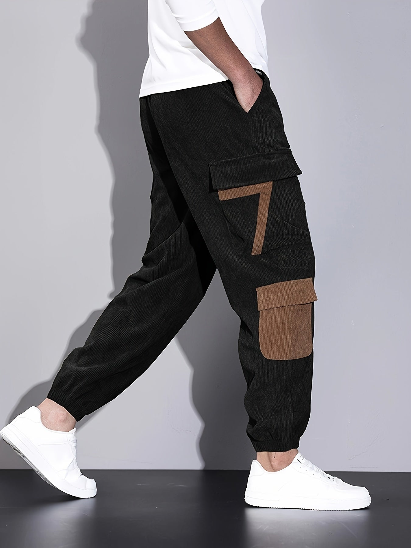 Trendy Corduroy Cargo Drawstring Pants, Men's Multi Flap Pocket Trousers, Loose Casual Outdoor Pants, Men's Work Pants Outdoors Streetwear Hip Hop Style