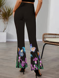 dunnmall  Floral & Butterfly Print Flare Leg Pants, Elegant High Waist Slim Pants, Women's Clothing