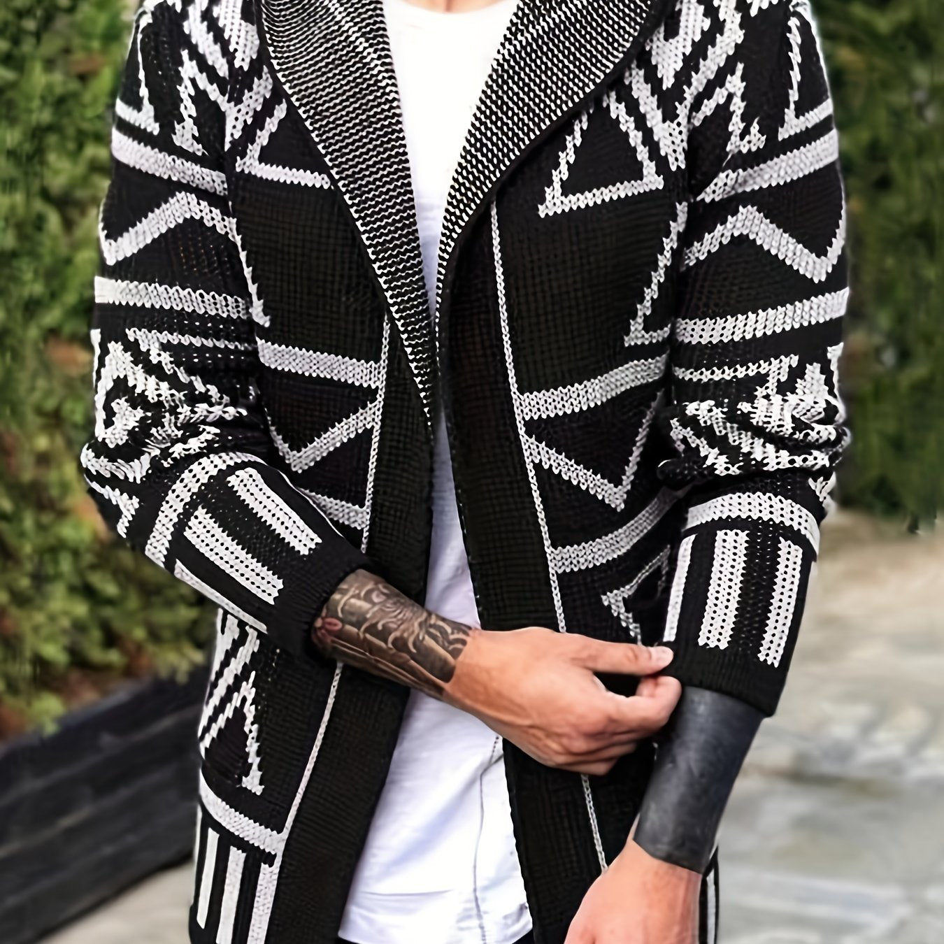 Elegant Slightly Stretch Ethnic Retro Cardigan, Men's Casual Vintage Style V Neck Cardigan Sweater Coat For Fall Winter