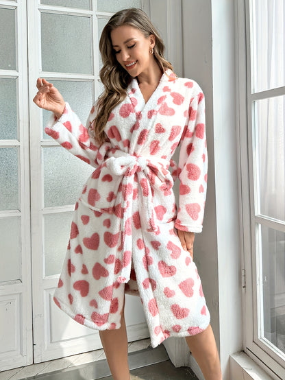 Elegant Heart Pattern Fleece Thickened Night Robe For Fall & Winter, Long Sleeve V Neck Robe With Pockets, Women's Sleepwear & Dresses