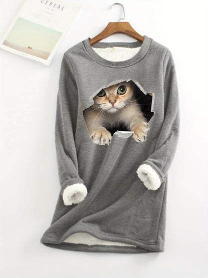 dunnmall  Cute Cat Print Crew Neck Sweatshirt, Casual Long Sleeve Thermal Sweatshirt For Winter, Women's Clothing