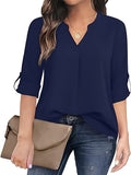 dunnmall  Solid Simple Blouse, Casual V Neck Long Sleeve Blouse, Women's Clothing