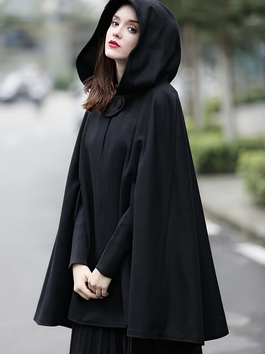 dunnmall  Plus Size Elegant Coat, Women's Plus Solid Split Cape Sleeve Button Detail Hooded Shawl Coat