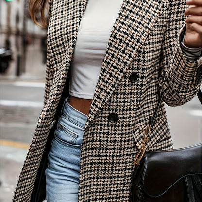 Houndstooth Print Lapel Blazer, Elegant Double Breasted Long Sleeve Outerwear, Women's Clothing