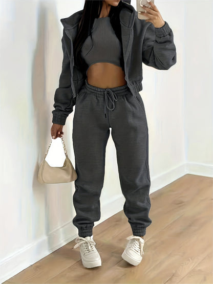 Solid Casual Three-piece Set, Zip Up Hooded Jacket & Sleeveless Crew Neck Tank Top & Drawstring Elastic Waist Jogger Pants Outfits, Women's Clothing