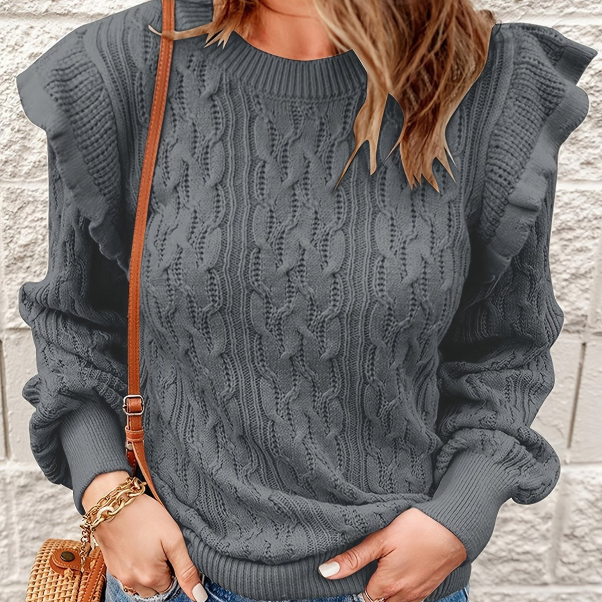 Ruffle Trim Knit Sweater, Casual Solid Long Sleeve Crew Neck Sweater, Women's Clothing