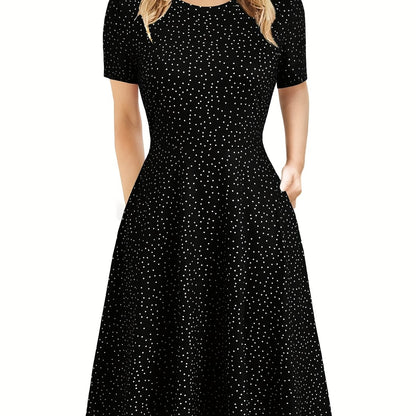 Elegant Retro A-line Dress, Short Sleeve Casual Dress For Spring & Summer, Women's Clothing