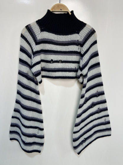 dunnmall  Striped Turtle Neck Crop Sweater, Stylish Long Sleeve Sweater, Casual Tops For Fall & Winter, Women's Clothing