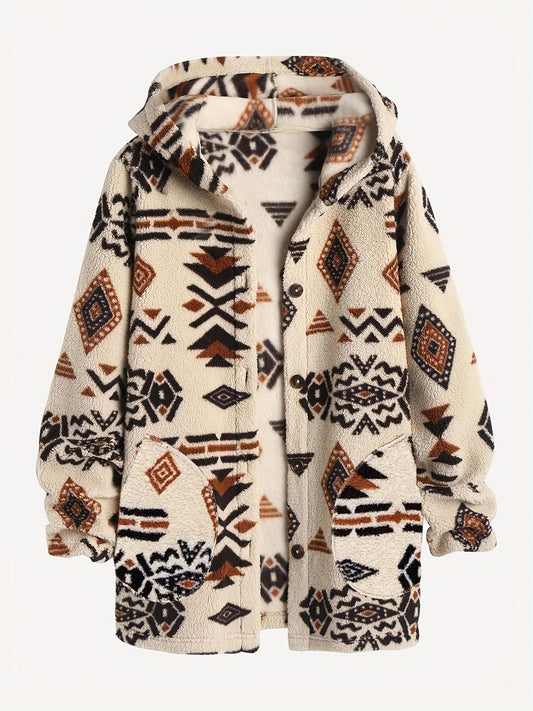 Aztec Print Hoodie Plush Coat, Casual Slant Pockets Button Front Outerwear, Women's Clothing