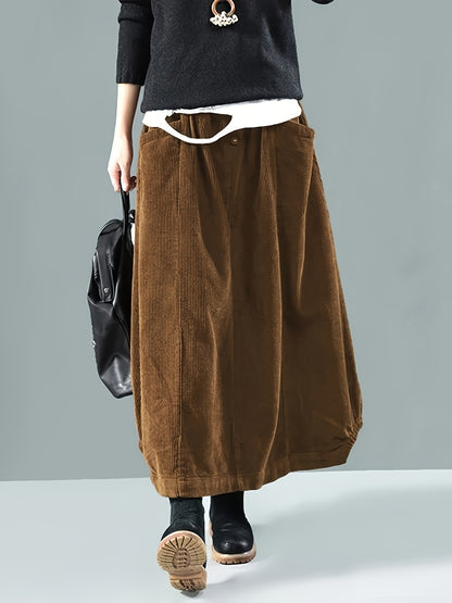 dunnmall  Solid Loose Corduroy Skirt, Casual Elastic Waist Maxi Skirt With Pocket, Women's Clothing