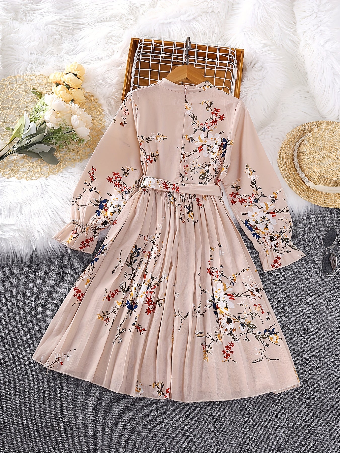 dunnmall  Girl's Floral Allover Flounce Long Sleeve Pleated Hem Mock Neck Belted Dress For Summer