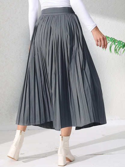 Solid Pleated Skirt, Casual Midi Skirt For Spring & Summer, Women's Clothing