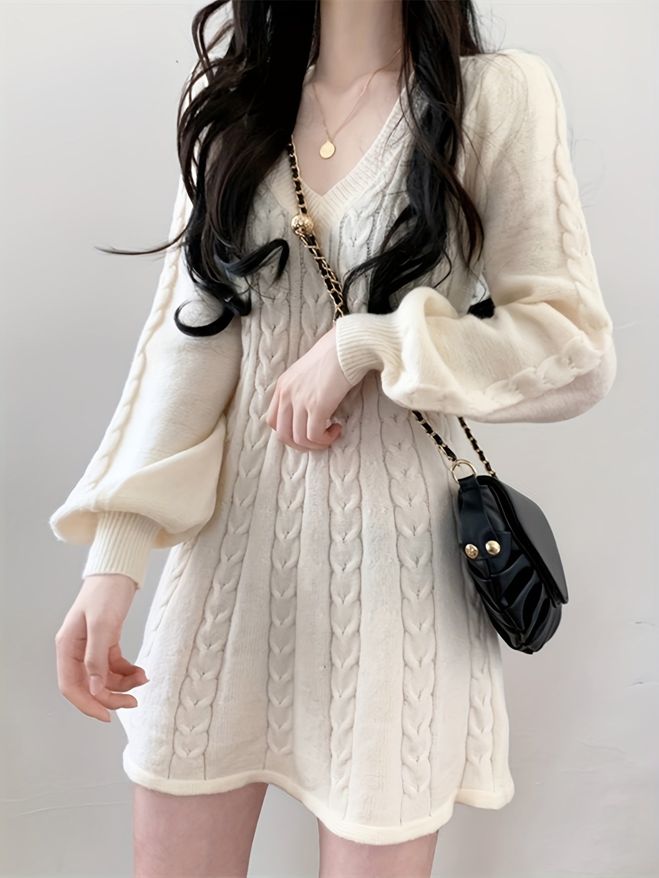 dunnmall  Solid Cable Knit Dress, Elegant V Neck Lantern Long Sleeve Dress, Women's Clothing