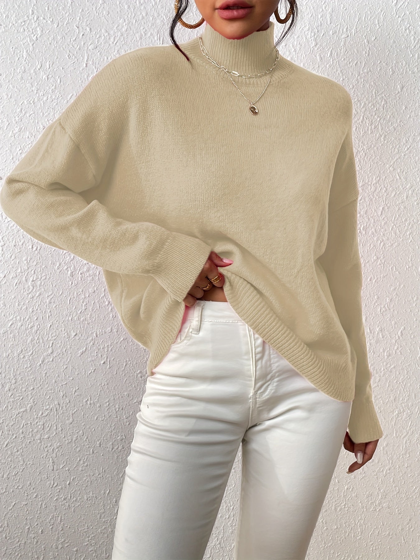 dunnmall  Solid Mock Neck Knit Sweater, Casual Drop Shoulder Long Sleeve Sweater, Women's Clothing