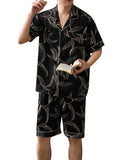 Men's Ice Silk Cool Pajamas Set For Summer, Thin Short Sleeve Leaves Flower Animal Print Graphic Button Pocket Shirt Top & Shorts Pants Bottom, Casual Fashion Cardigan Men's Loungewear Sleepwear Homewear Set