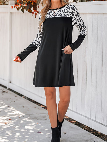 Leopard Print Splicing Dress, Casual Crew Neck Long Sleeve Dress, Women's Clothing