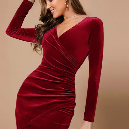 dunnmall  Ruched V Neck Dress, Elegant Wrap Bodycon Long Sleeve Dress, Women's Clothing