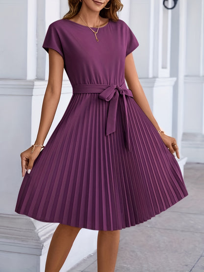 dunnmall  Pleated Tie Front Dress, Casual Solid Short Sleeve Dress For Spring & Summer, Women's Clothing