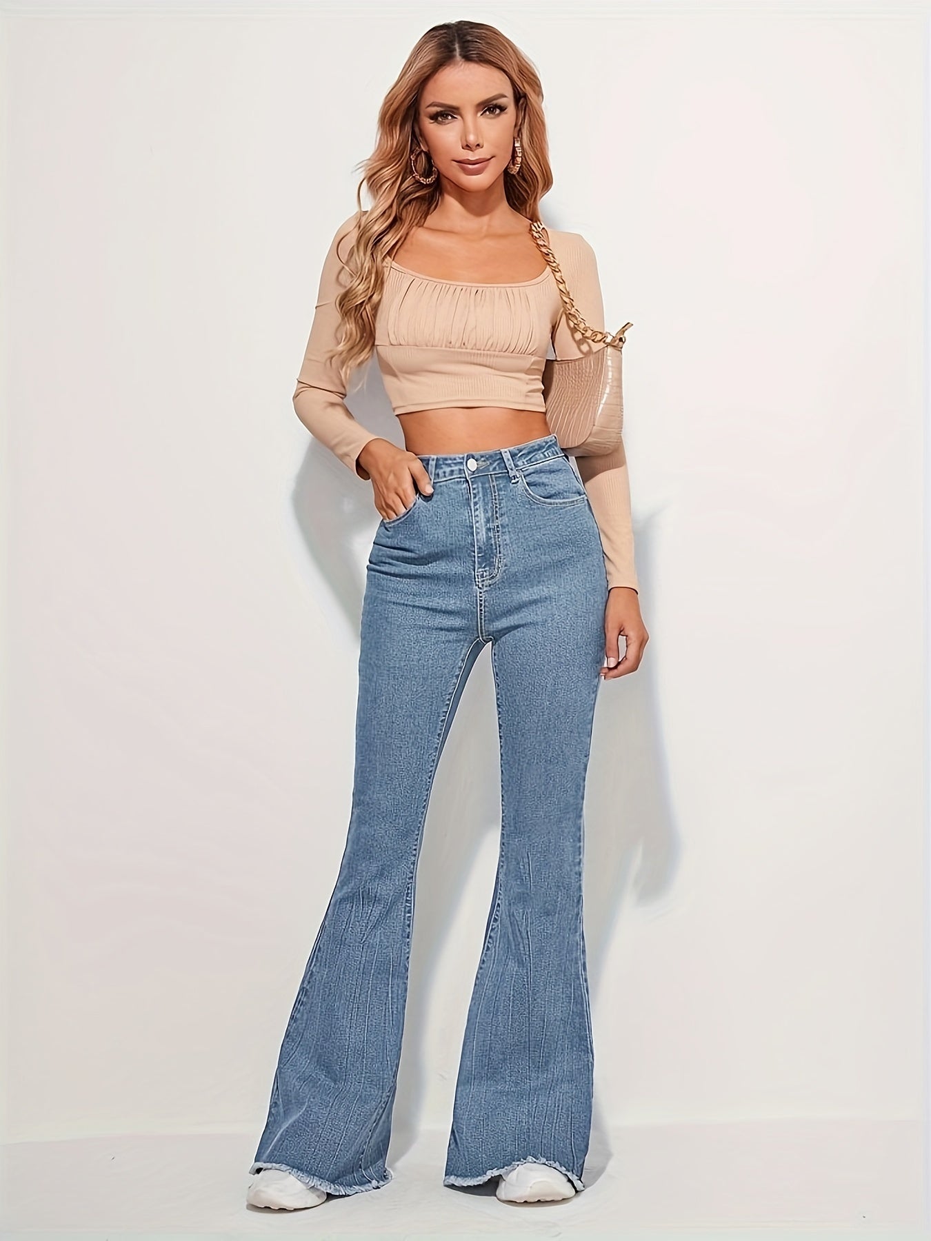 dunnmall Raw Trim Fashion Bell Bottom Jeans, High Waist Elastic Washed Elegant Denim Pants, Women's Denim Jeans & Clothing