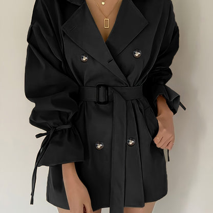 dunnmall Double Breasted Lapel Trench Coat, Elegant Solid Drawstring Long Sleeve Outerwear, Women's Clothing