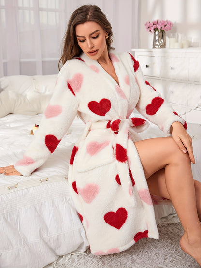 Elegant Allover Heart Pattern Fleece Thickened Night Robe For Fall & Winter, Long Sleeve V Neck Robe With Pockets, Women's Sleepwear & Dresses