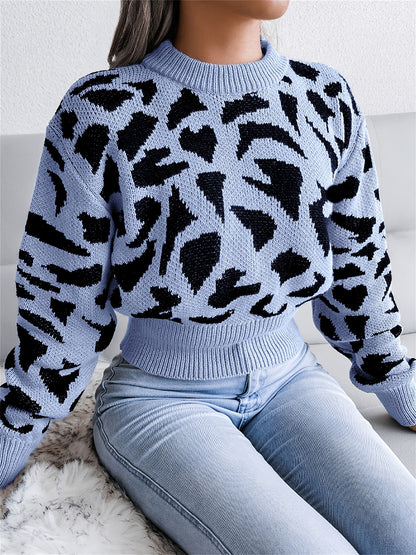 dunnmall  Leopard Print Crop Sweater, Casual Crew Neck Long Sleeve Sweater, Casual Tops For Fall & Winter, Women's Clothing