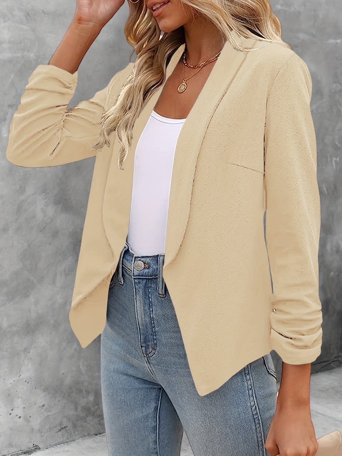 Solid Color Open Front Blazer, Elegant Lapel Ruched Sleeve Blazer For Office & Work, Women's Clothing