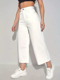 dunnmall  Plain Whiter Wide Leg Cropped Jeans, High Rise Stretchy Loose Fit Denim Pants, Women's Denim Jeans & Clothing