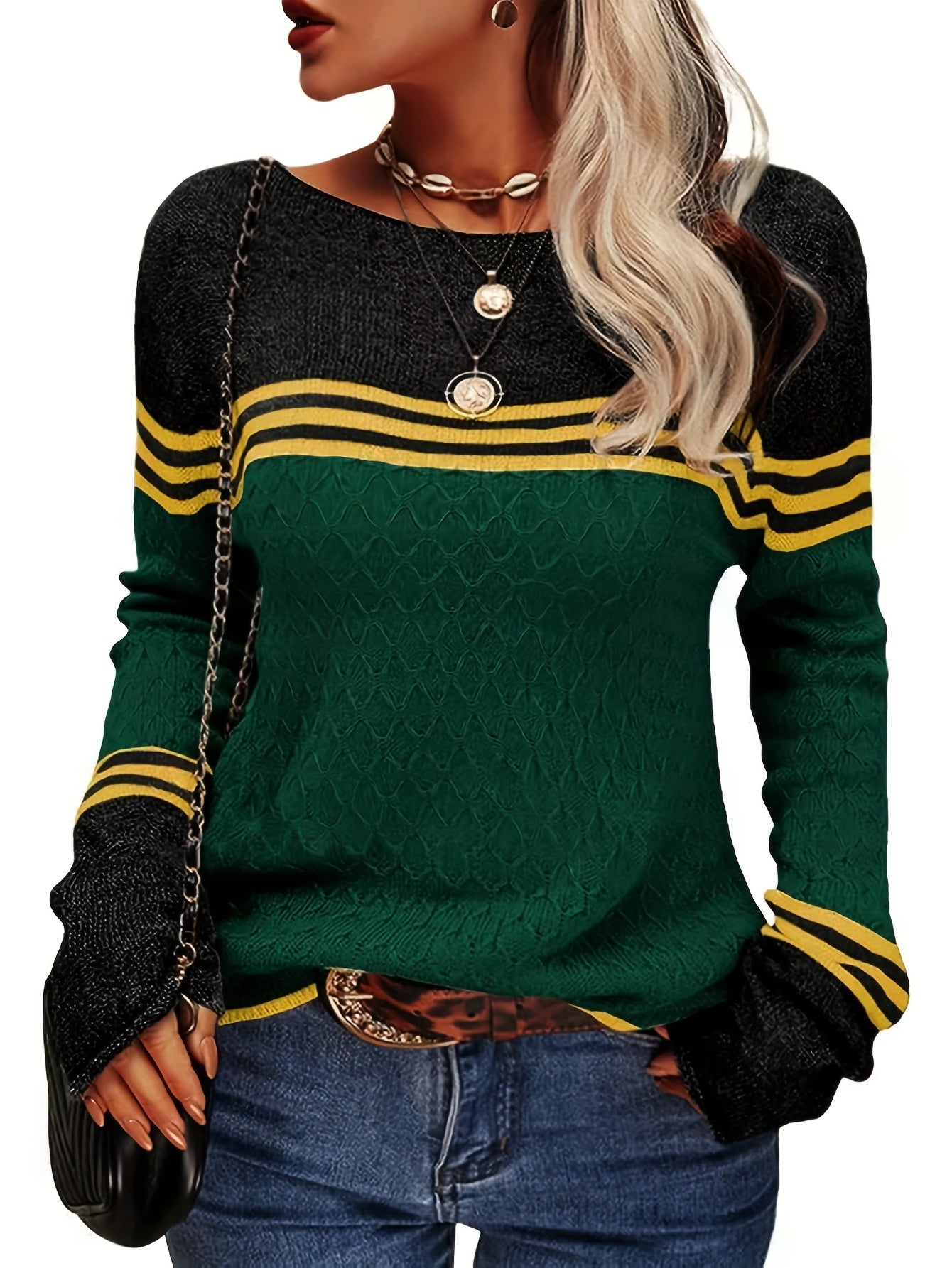 dunnmall  Color Block Boat Neck Knitted Top, Casual Long Sleeve Pullover Sweater For Fall & Winter, Women's Clothing