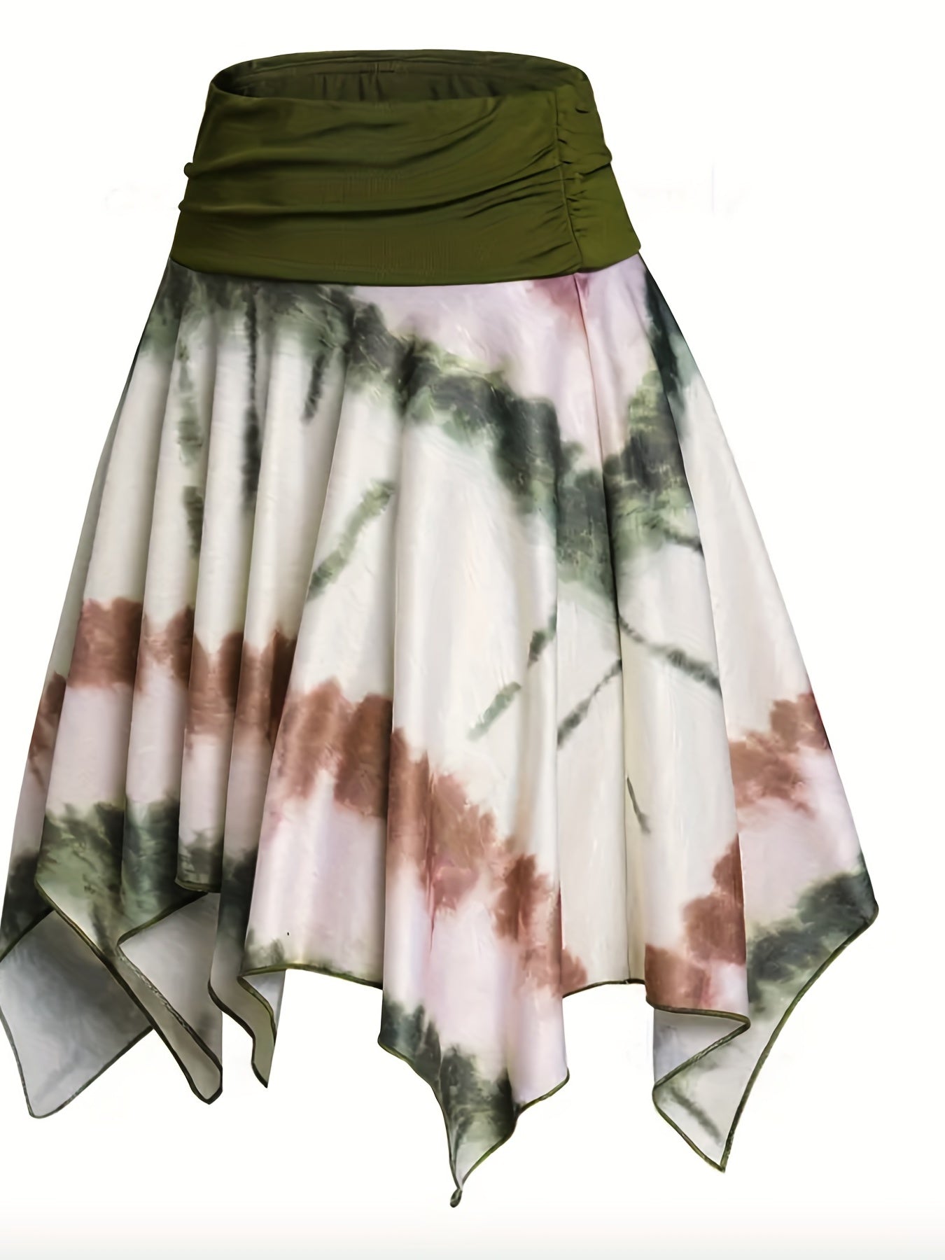 Plus Size Casual Skirt, Women's Plus Colorblock Tie Dye Asymmetric Hem High Waist Slight Stretch Pleated Skirt