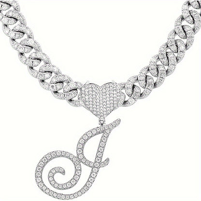 1 Piece Initial Necklace Men Women Silvery Cuban Chain Ice Rhinestone With Heart Shaped Letter Pendant Necklace Hip Hop Jewelry Gift