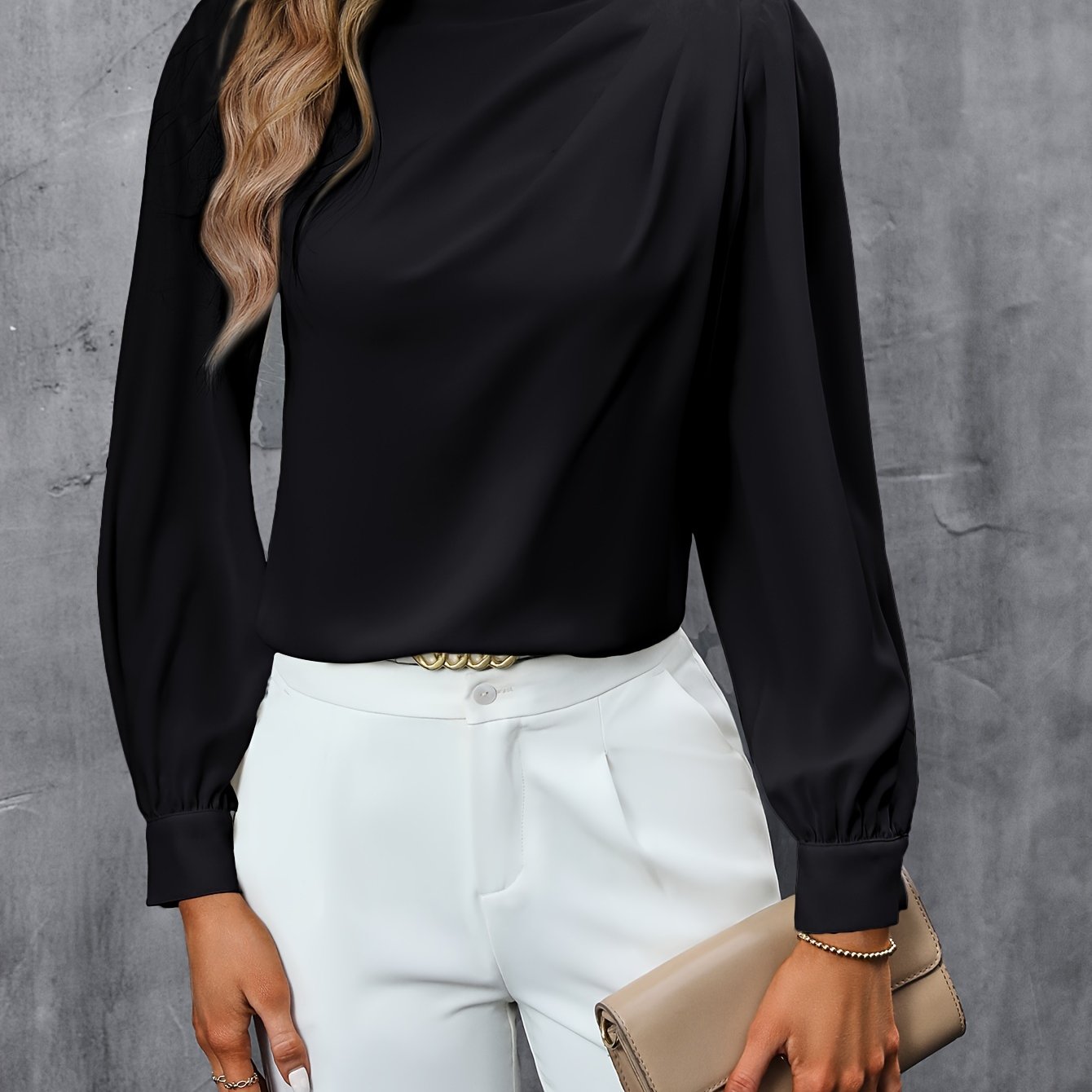 Ruched Solid Blouse, Elegant Long Sleeve Work Office Blouse, Women's Clothing