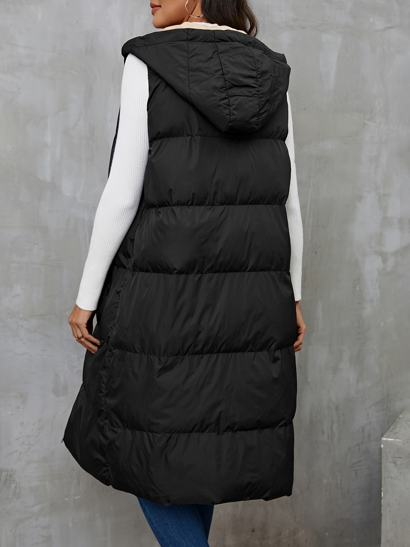 Hooded Sleeveless Coat, Casual Zipper Long Length Winter Outerwear, Women's Clothing