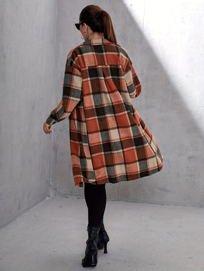 dunnmall Plaid Print Long Length Coat, Casual Button Front Long Sleeve Outerwear, Women's Clothing