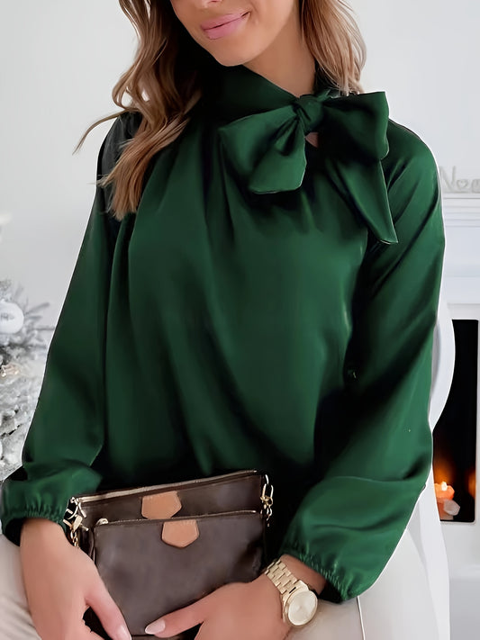 Solid Tie Neck Blouse, Casual Long Sleeve Blouse For Spring & Fall, Women's Clothing