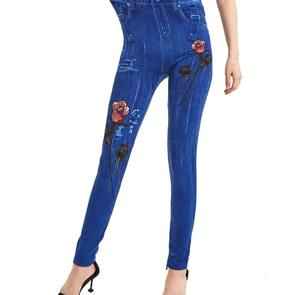 dunnmall  Denim Print High Waist Jeggings, Slim Stretchy Casual Leggings, Women's Clothing