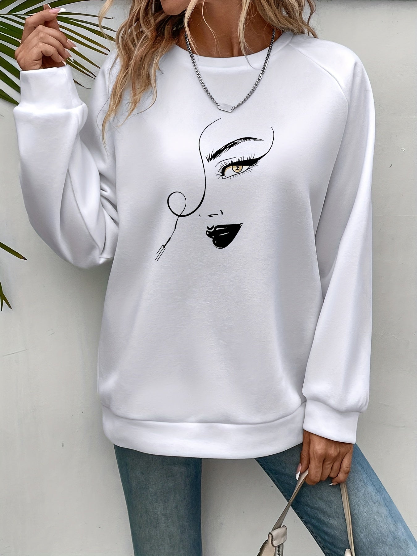 dunnmall  Graphic Print Pullover Sweatshirt, Casual Long Sleeve Crew Neck Sweatshirt For Spring & Fall, Women's Clothing