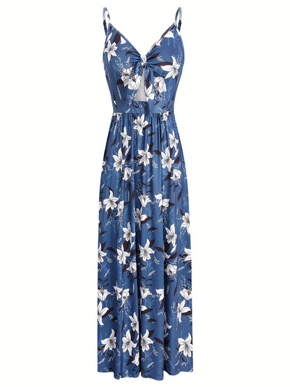 dunnmall  Floral Print Tie Front Spaghetti Dress, Casual V-neck Cami Dress, Women's Clothing