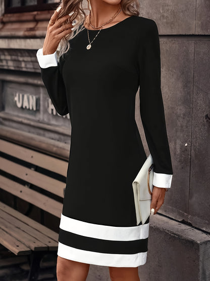 dunnmall Color Block Long Sleeve Dress, Casual Crew Neck A-line Knee Length Dress, Women's Clothing