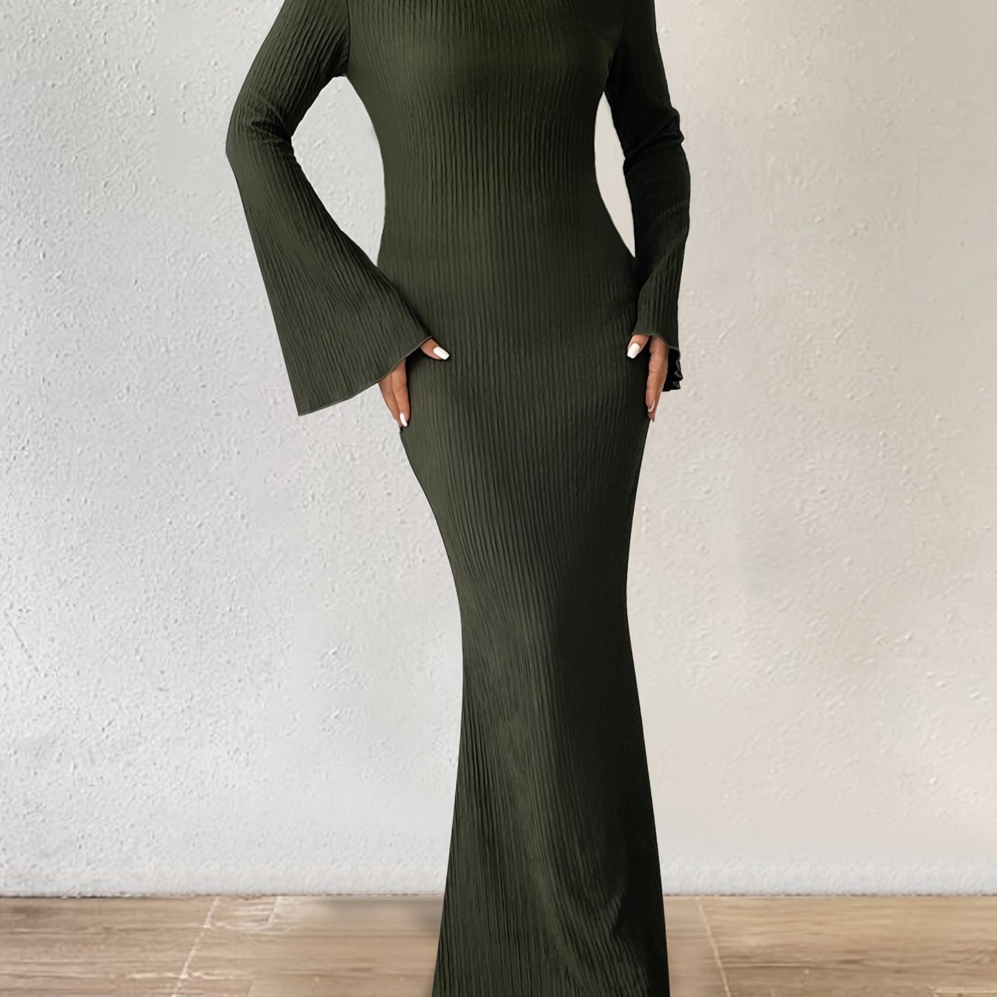 Solid Flared Sleeve Maxi Dress, Elegant Crew Neck Bodycon Dress, Women's Clothing