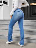 Blue Slant Pockets Bootcut Jeans, High Stretch Casual Denim Pants, Women's Denim Jeans & Clothing