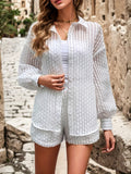 dunnmall  Semi-sheer Textured Two-piece Set, Polo Collar Long Sleeve Top & Wide Leg Shorts Outfits, Women's Clothing