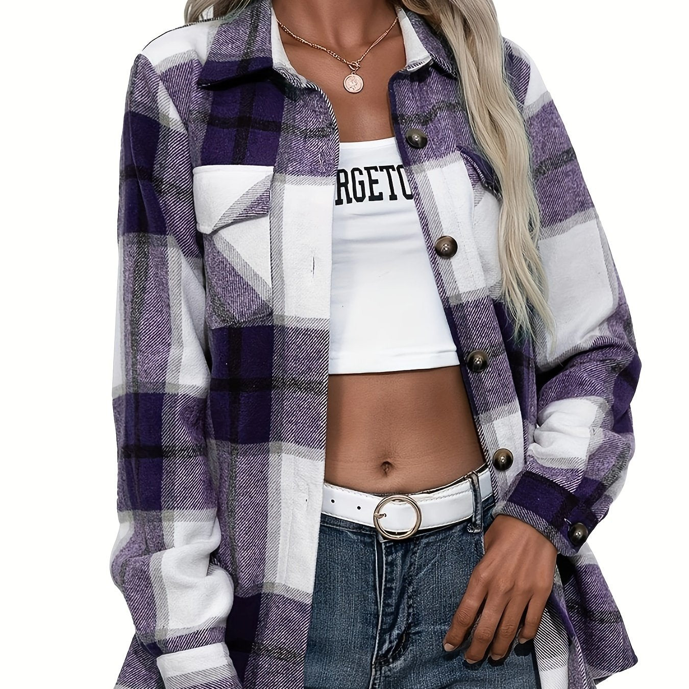 dunnmall  Plaid Button Front Jacket, Casual Lapel Long Sleeve Outwear, Women's Clothing