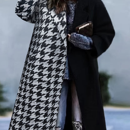 Plus Size Casual Coat, Women's Plus Colorblock Houndstooth Print Long Sleeve Lapel Collar Longline Overcoat