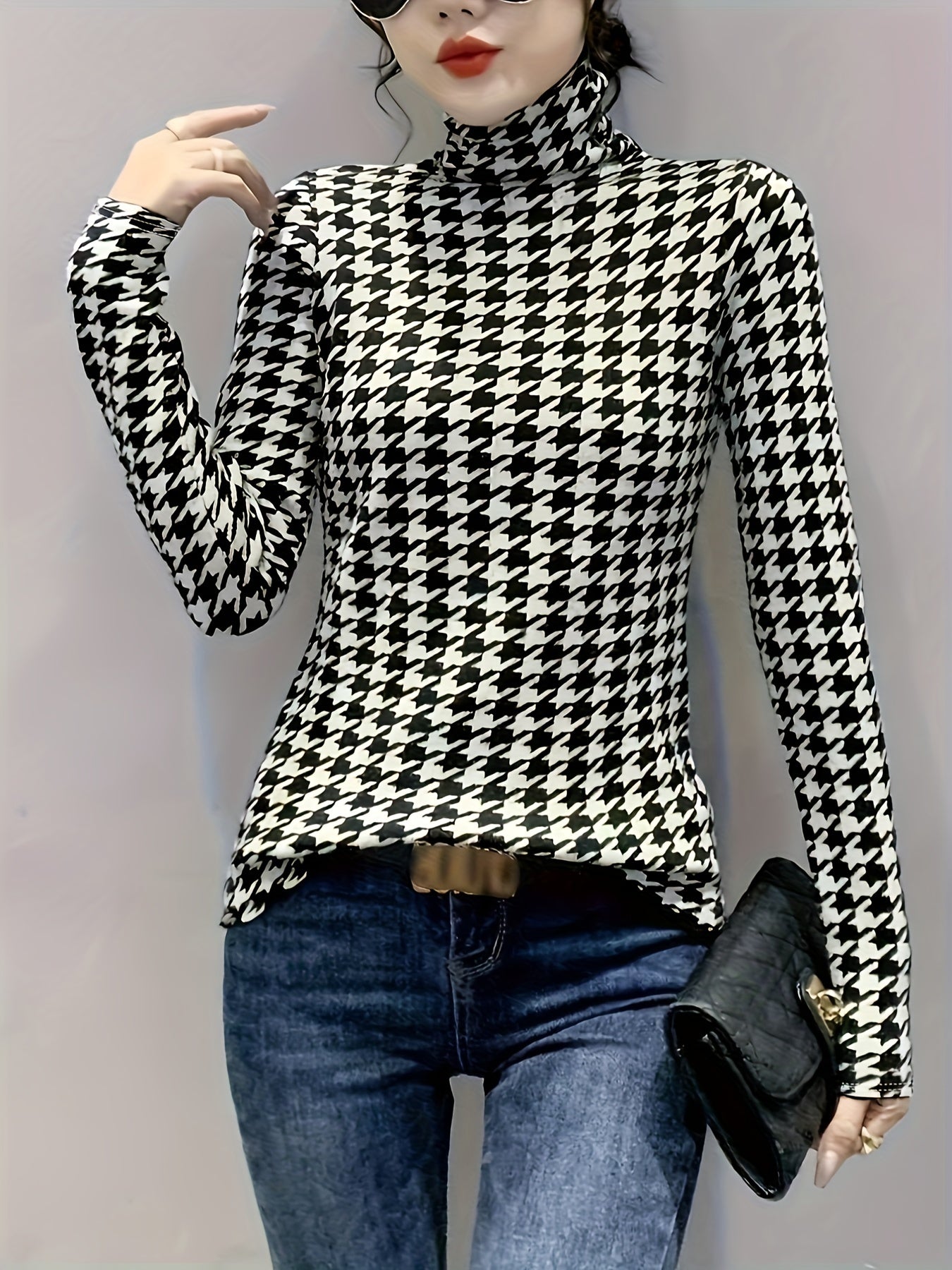 Houndstooth Print Turtleneck T-Shirt, Casual Long Sleeve Top For Spring & Fall, Women's Clothing