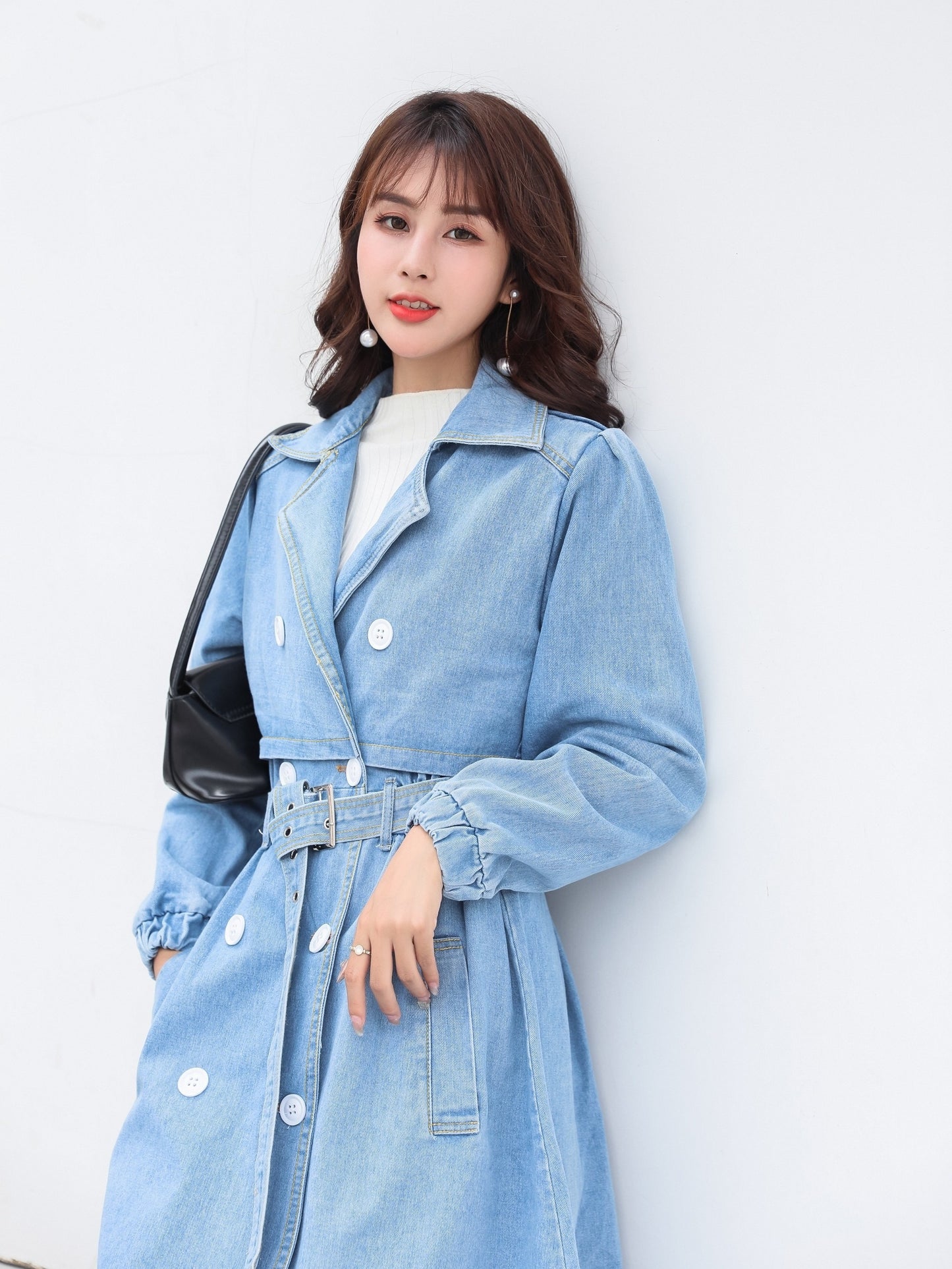 dunnmall  Blue Loose Fit Long Denim Jackets, Long Sleeves Non-Stretch With Waistband Lapel Denim Coats, Women's Denim Clothing