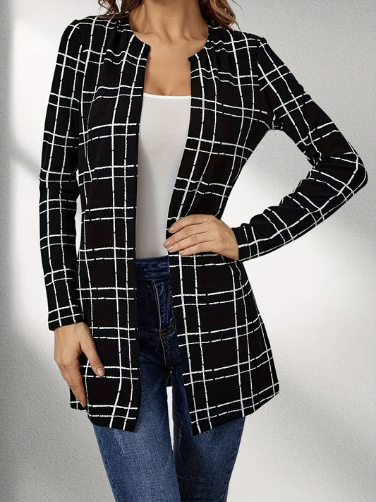 Windowpane Long Length Jacket, Casual Open Front Long Sleeve Outerwear, Women's Clothing