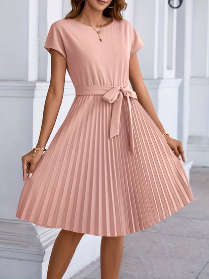 dunnmall  Pleated Tie Front Dress, Casual Solid Short Sleeve Dress For Spring & Summer, Women's Clothing