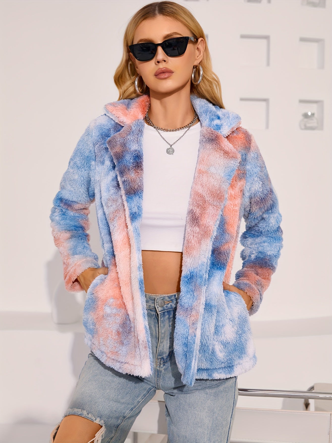 Tie Dye Fuzzy Fall & Winter Jacket, Elegant Open Front Long Sleeve Outerwear, Women's Clothing